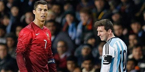 Portugal striker Cristiano Ronaldo (L) and Argentina striker Lionel Messi (File Photo | AP)