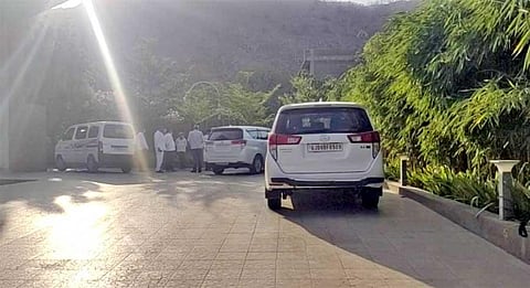 Vehicles outside a resort in Rajasthan where Gujarat Congress MLAs are kept to avoid poaching ahead of RS polls | B K Komal