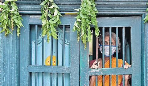 An elderly woman hangs neem leaves around her house to save herself from coronavirus in Chennai | R Satish babu