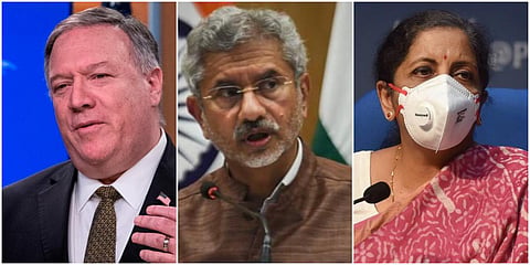 (From left) US Secretary of State Mike Pompeo, External Affairs Minister S Jaishankar and Finance Minister Nirmala Sitharaman. (File photos| PTI and AP)