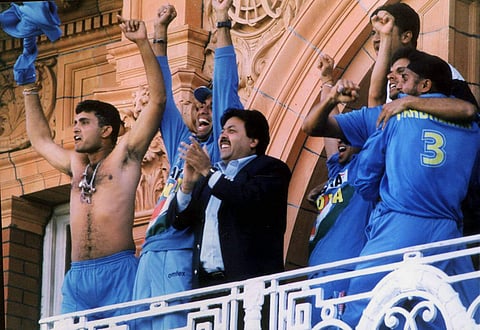 Sourav Ganguly swirls his shirt after Team India defeated England in the final match of the Natwest Trophy, at the balcony of the Lords in London, 2002. (Photo | PTI)
