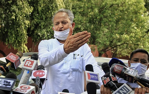Rajasthan Chief Minister Ashok Gehlot addresses the media after visiting the State Governor at his residence in Jaipur Tuesday July 14 2020. (Photo | PTI)