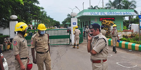 Police protection deployed at the entrance of Visakha Solvents Company at Paravada in Visakhapatnam. (photo| G Satyanarayana, EPS)