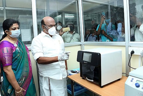 Minister D. Jayakumar checks the Covid-19 test centre after the inauguration at KHM Medical Centre in North Chennai on Thursday. This is the first private hospital who was permitted by the government in the state. (Photo | Express)