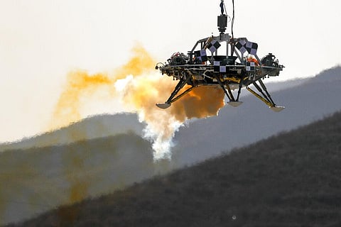 In this November 2019 file photo, the Mars lander's hovering, obstacle avoidance and deceleration capabilities are tested at a facility at Huailai in China's Hebei province. China will launch their Mars rover and an orbiter sometime around July 23, 2020,
