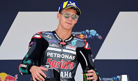 Petronas Yamaha SRT's French rider Fabio Quartararo celebrates on the podium after winning the MotoGP race of the Spanish Grand Prix at the Jerez racetrack in Jerez de la Frontera on July 19, 2020. (Photo | AFP)