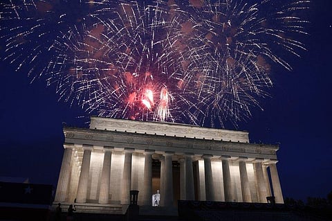 In this July 4, 2019 file photo, fireworks go off over the Lincoln Memorial in Washington, Thursday, July 4, 2019. The Trump administration is promising one of the largest fireworks displays in recent memory for Washington on July 4. It also plans to give