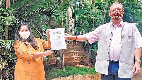 Dr Andrew Fleming, British Deputy High Commissioner to TS and AP, presents Manju Latha Kalanidhi the 149th Commonwealth Point of Light Award on Friday