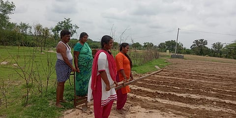 Pictures of the farmer ploughing agriculture fields with his daughters.