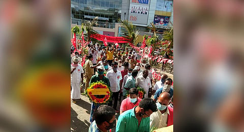 Leaders and cadres of the Communist Party of India and AITUC took out a silent procession and placed wreaths at the Martyrs' Pillar on Cuddalore Road. (Photo | Express)