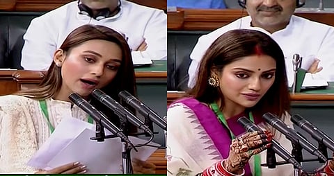 Actor-tuned-politicians Mimi Chakraborty and Nusrat Jahan. (File Photo| PTI)
