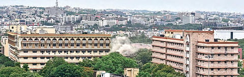 A wide-angle view of the old Secretariat building being razed on Tuesday | VINAY MADAPU