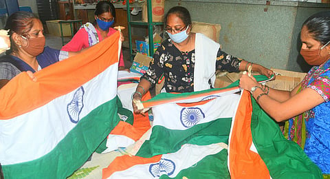 Due to the ongoing pandemic, the demand for national flags has come down compared to previous years. (Photo | Express)