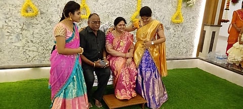 Businessman Shrinivas Gupta, two daughter with Madhavi’s statue.
