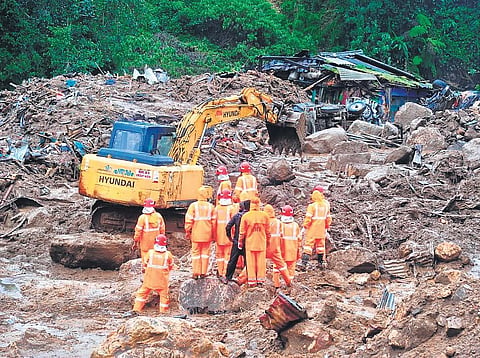 Search operations in progress at the Pettimudi landslide site near Rajamala on Monday | Express