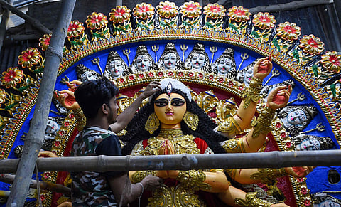 A Durga idol in the making in Kolkata. (Photo| PTI)