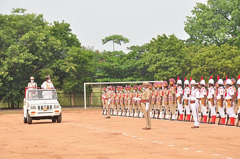 CM Narayanaswamy inspects guard of honour presented by the Puducherry Armed Police. (Photo | Express)