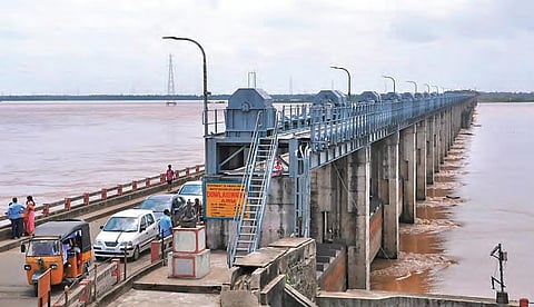 Godavari flood water at Dowleswaram Barrage in East Godavari district. (Photo | EPS)