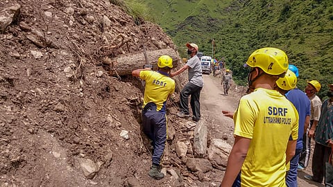 Rescue operation carried out by SDRF personnel after a landslide in Uttarkashi. (Photo | PTI)
