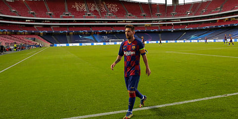 Barcelona's Lionel Messi walks win the pitch during the Champions League quarterfinal match between FC Barcelona and Bayern Munich. (Photo | AP)
