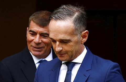 German Foreign Minister Heiko Maas, right, and Israeli Foreign Minister Gabi Ashkenazi at a news conference in Berlin. (Photo | AP)