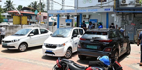 Electric Vehicles fuelling up at KSEB's new EV charging station in Thiruvananthapuram. (Photo | Facebook)