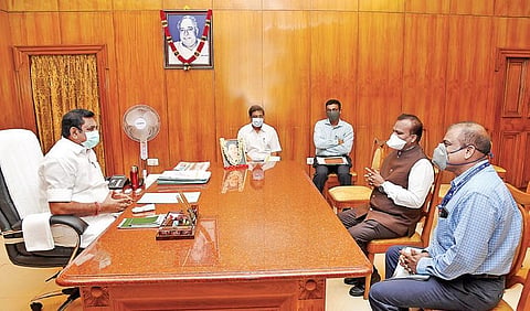 CM Edappadi K Palaniswami during a meeting with S Selvaraj, Chief GM of NABARD bank, at the Secretariat on Monday