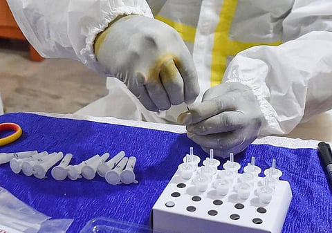 A medic arranges samples for COVID-19 rapid antigen testing in Kolkata (Photo | PTI)