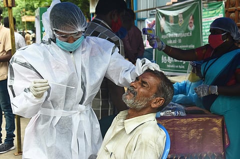 Samples being collected near the corporation park at Koyambedu in Chennai on Thursday (Photo | EPS/ Ashwin Prasath)