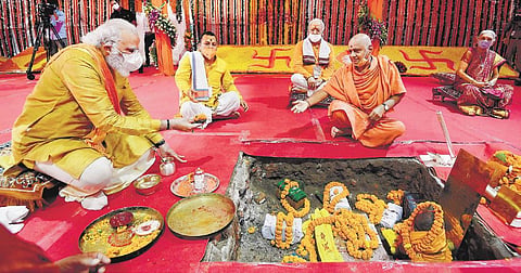 Prime Minister Narendra Modi performs Bhoomi Pujan at Ram Janmabhoomi Mandir, in Ayodhya on Wednesday. (Photo| PIB)