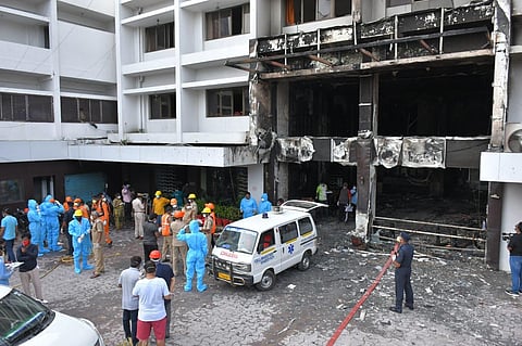 ire broke out at Swarna Palace where a private hospital took it for treating covid patients in Vijayawada (Photo | Prasant Madugula, EPS)