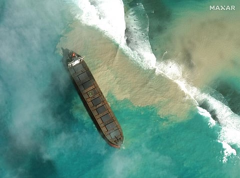 An aerial view of the MV Wakashio, a bulk carrier ship that recently ran aground off the southeast coast of Mauritius. (Photo | AP)