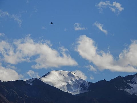 fighter jet flies in the skies of of Leh Ladakh Monday Aug. 31 2020. (Photo | PTI)