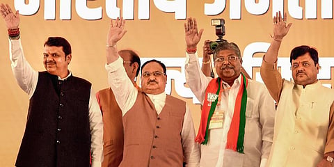 (From Left) Ex-Maharashtra CM Devendra Fadnavis, BJP chief JP Nadda, Maharashtra BJP chief Chandrakant Patil and party leader Pravin Darekar. (File Photo| PTI)