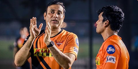 Sunrisers Hyderabad coach VVS Laxman (L) with Priyam Garg. (Photo| Twitter/ @SunRisers)
