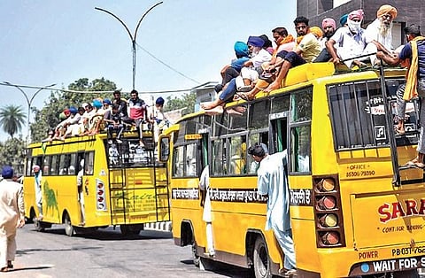 Farmers’ groups, protesting agriculture Bills, arrive in Patiala. (Photo | PTI)