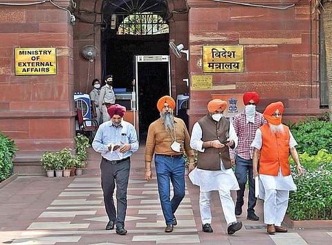 Members of Delhi Sikh Gurdwara Management Committee come out after a meeting with MEA joint secretary regarding kidnapping of the Sikh girl. (Photo | Shekhar Yadav, EPS)