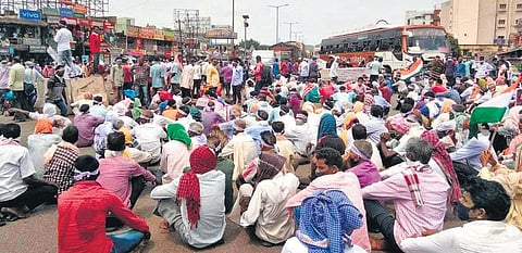 Farmers staging protest on NH-16 at Chandikhole on Tuesday | Akshya Rout