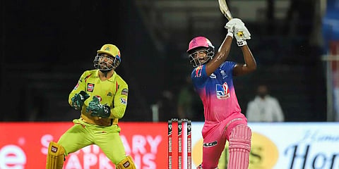 Rajasthan Royals batsman Sanju Samson plays a shot during a cricket match against Chennai Super Kings of IPL 2020 at Sharjah Cricket Stadium. (Photo | PTI)