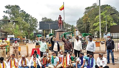 Farmers stage a protest at Rani Chennamma Circle in Belagavi on Sunday | ashishkrishna hp
