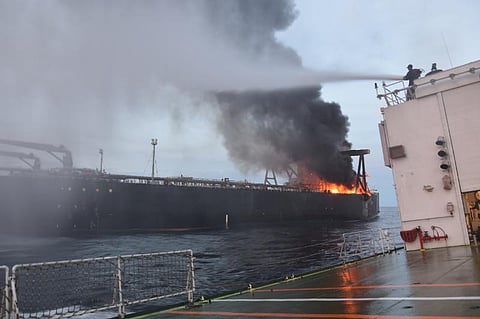 The blaze on the oil tanker near the coast of Sri Lanka