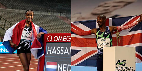 Netherland's Sifan Hassan (L) and Great Britain's Mo Farah (R) set new world record during the One Hour Women and One Hour Men at the Diamond League Memorial Van Damme athletics event. (Photo | AP)