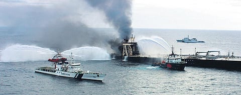 Efforts by Indian Coast Guard, Sri Lankan vessels and tugs have doused the reignited fire at MT New Diamond on Tuesday. (Photo| EPS)