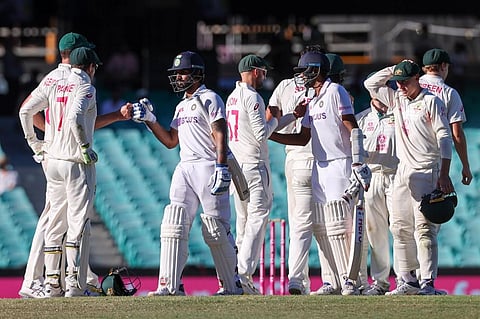 India's Ravichandran Ashwin and Hanuma Vihari (C) greet Australian players at the end of the third cricket Test match. (Photo | AFP)