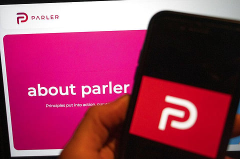 The logo of the social media platform Parler is displayed in Berlin, Jan. 10, 2021. (Photo | AP)