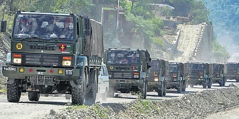 An Army convoy carrying military material on its way to Ladakh. (Photo | PTI)