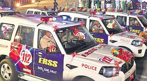 Emergency Response Support System vehicles being flagged off in front of Vidhana Soudha in Bengaluru on Saturday | vinor kumar t