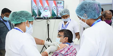 First phase vaccination starts at Capital Hospital in Bhubaneswar on Saturday. (Photo | EPS)