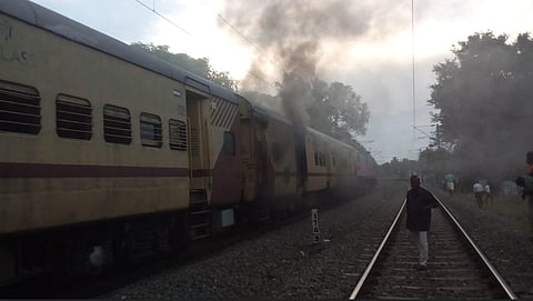 The incident was reported by 7.40 am and the loco pilots, guards immediately carried out preliminary fire fighting. (Photo | Express)