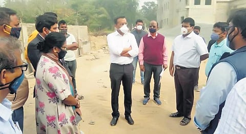 Krishan Kumar at the new district headquarters hospital site. (Photo | Express)